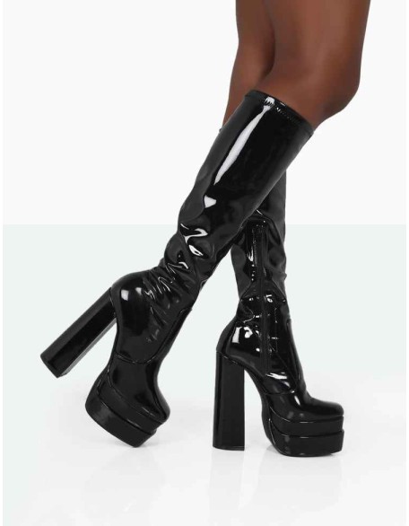 Passive Black Patent Square Toe Platform Block High Heel Over The Knee Boots