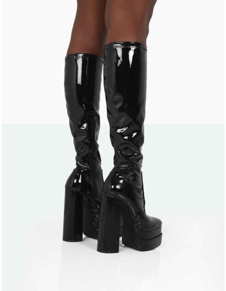 Passive Black Patent Square Toe Platform Block High Heel Over The Knee Boots