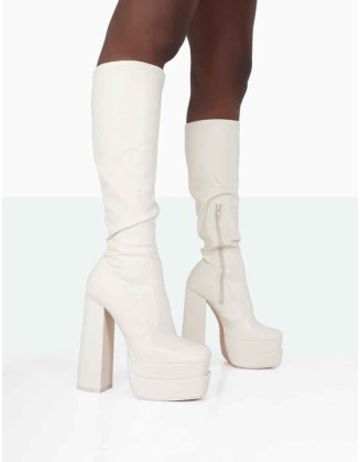 Passive Ecru PU Square Toe Platform Block High Heel Over The Knee Boots