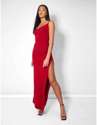 COWL NECK EXTREME SPLIT SLINKY MAXI DRESS RED
