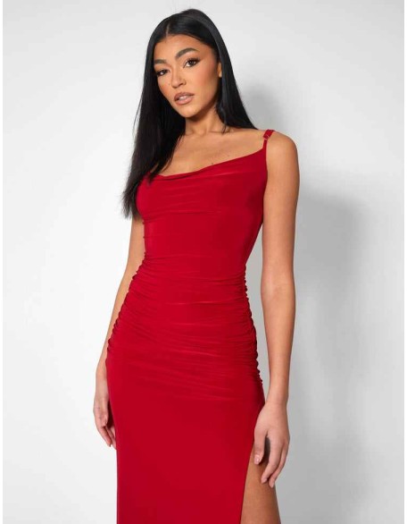 COWL NECK EXTREME SPLIT SLINKY MAXI DRESS RED