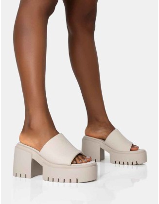 Sabeena Ecru Chunky Mule Round Toe Mid Heel Sandals