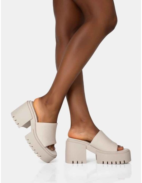 Sabeena Ecru Chunky Mule Round Toe Mid Heel Sandals