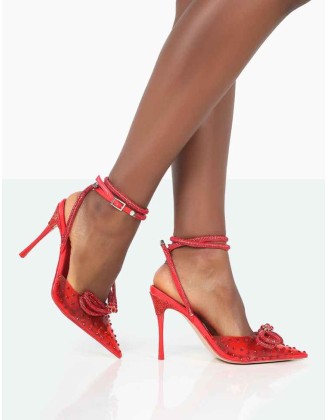 Girl Gang Red Perspex Sparkly Diamante Wrap Around Bow Pointed Toe Court Heels