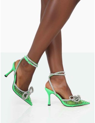 Azealia Neon Green Sparkly Diamante Wrap Around Bow Pointed Toe Court Heels