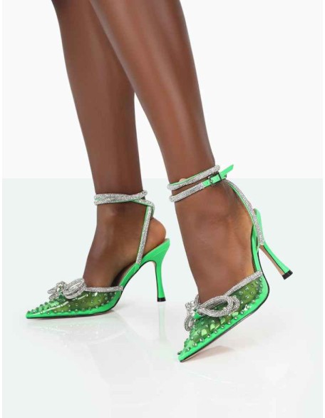 Azealia Neon Green Sparkly Diamante Wrap Around Bow Pointed Toe Court Heels