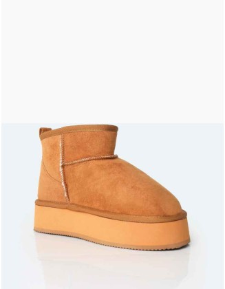 Theo Chestnut Brown Faux Suede Ultra Mini Ankle Platform Boots