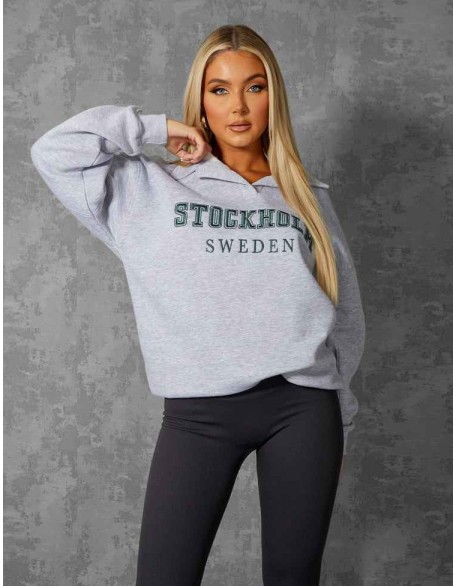 OVERSIZED STOCKHOLM SLOGAN RUGBY SWEATSHIRT GREY MARL