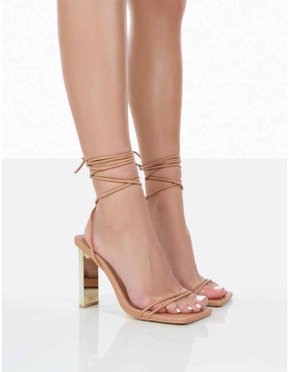 Either Way Wide Fit Nude Patent Pu Square Toe Lace Up Thin Block Heels
