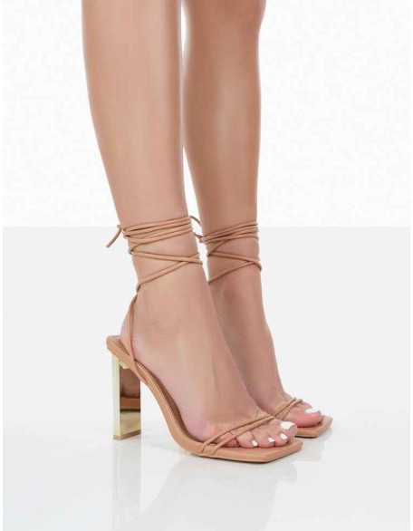 Either Way Wide Fit Nude Patent Pu Square Toe Lace Up Thin Block Heels