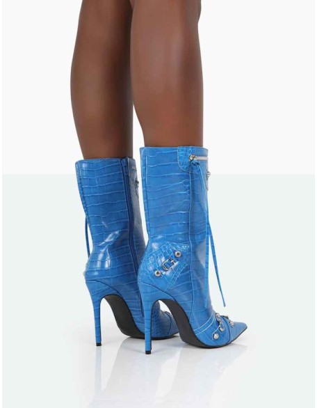 Kulture Blue Croc Pointed Toe Zip Detail Ankle Boots