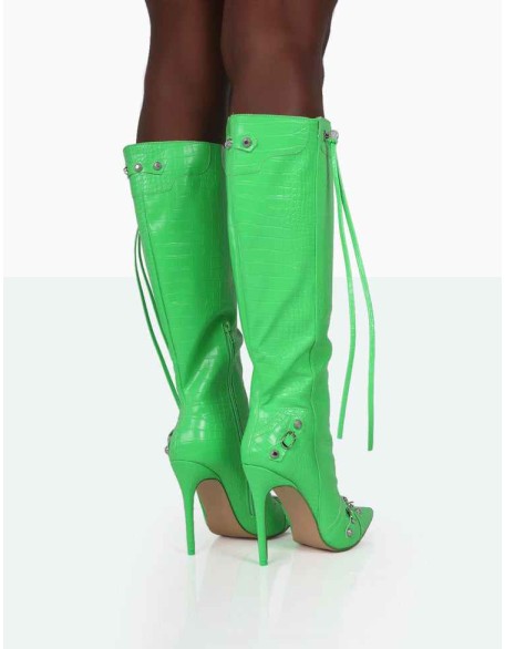 Davina Lime Green Croc Pointed Toe Zip Detail Knee High Boots