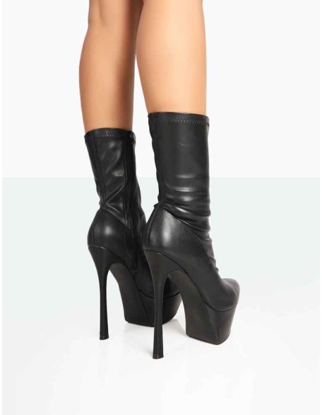 Vegas Black Grain Pointed Stiletto Platform Heeled Ankle Boots