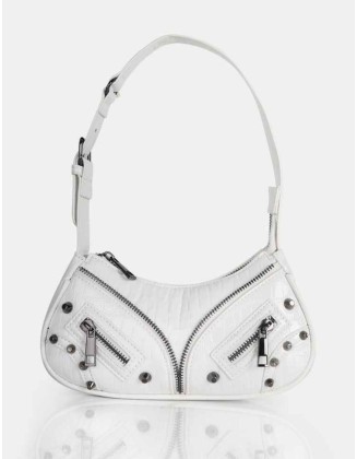 The Candice Zip Detailed White Croc Shoulder Bag