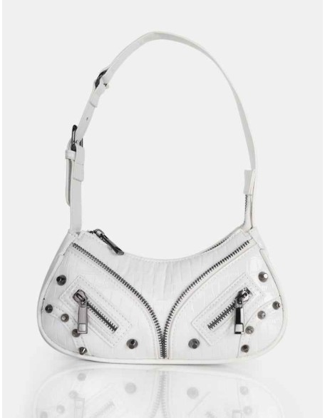 The Candice Zip Detailed White Croc Shoulder Bag