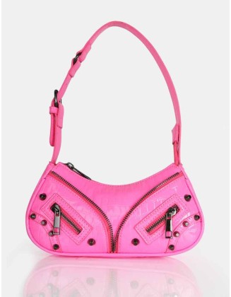 The Candice Zip Detailed Pink Croc Shoulder Bag