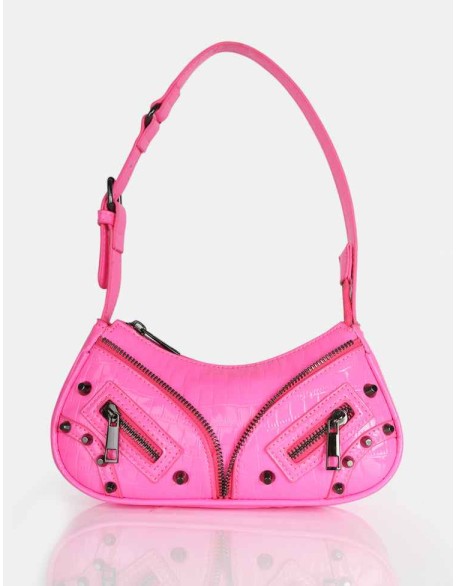 The Candice Zip Detailed Pink Croc Shoulder Bag