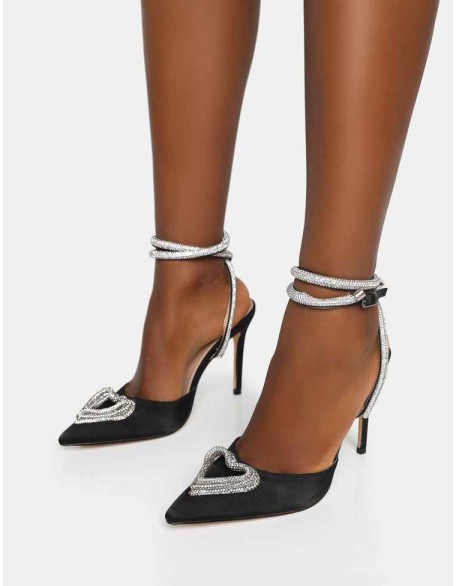 Cupid Black Satin Diamante Heart Wrap Around Pointed Toe Stiletto Heels