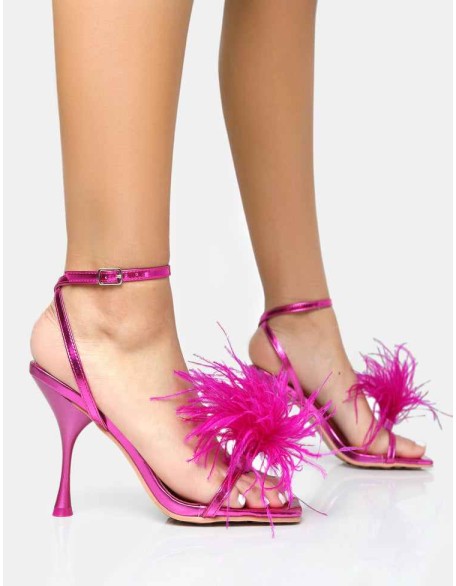 Prancy Hot Pink Metallic Pu Feather Detail Square Toe High Heels