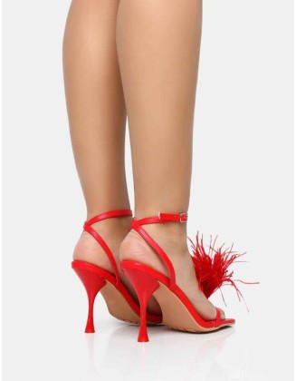 Prancy Red Pu Feather Detail Square Toe High Heels