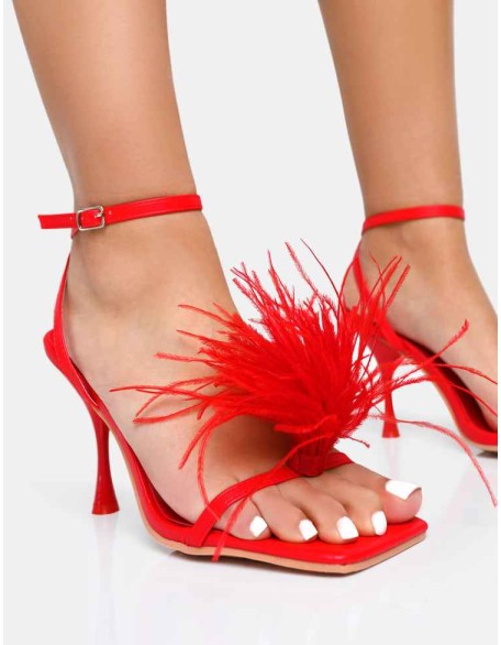 Prancy Red Pu Feather Detail Square Toe High Heels