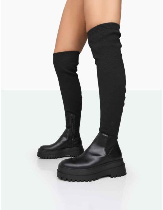 Happier Black Boucle Knit Over The Knee Boots