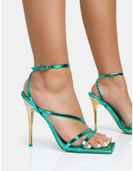Fillipa Metallic Green Pu Strappy Square Toe Metal Stiletto Heels