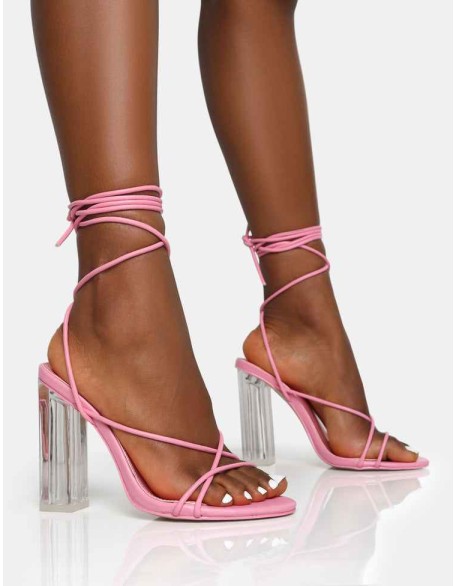 Clara Wide Fit Baby Pink Pu Strappy Lace Up Round Toe Clear Perspex Heels
