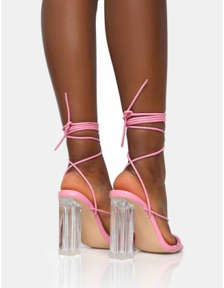 Clara Wide Fit Baby Pink Pu Strappy Lace Up Round Toe Clear Perspex Heels