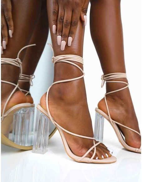 Clara Nude Pu Strappy Lace Up Round Toe Clear Perspex Heels