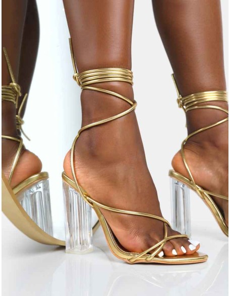 Clara Metallic Gold Pu Strappy Lace Up Round Toe Clear Perspex Heels