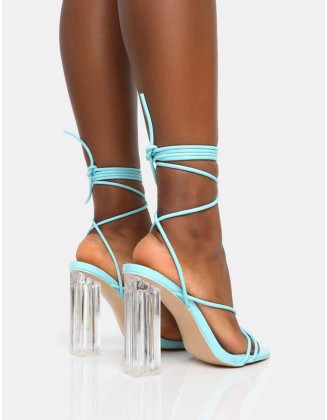 Clara Blue Pu Strappy Lace Up Round Toe Clear Perspex Heels