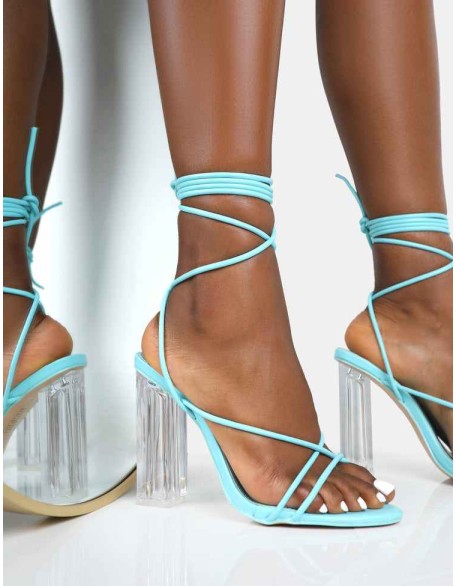 Clara Blue Pu Strappy Lace Up Round Toe Clear Perspex Heels