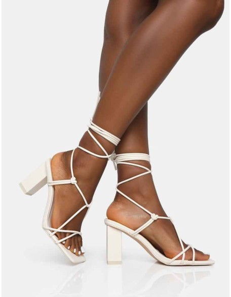 Noor Wide Fit Ecru Pu Lace Up Square Toe Mid Block Heels