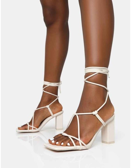 Noor Wide Fit Ecru Pu Lace Up Square Toe Mid Block Heels
