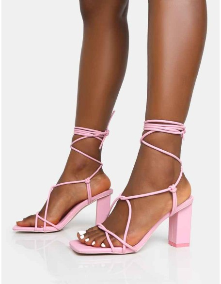 Noor Baby Pink Lace Up Square Toe Mid Block Heels