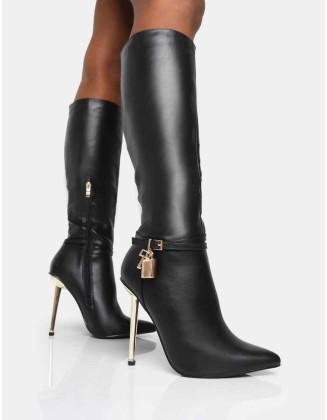 Jayden Black Pu Padlock Detail Pointed Toe Gold Stiletto Heel Knee High Boots