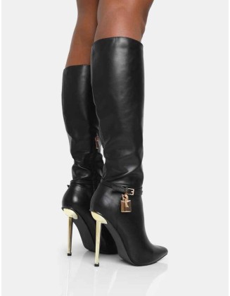 Jayden Black Pu Padlock Detail Pointed Toe Gold Stiletto Heel Knee High Boots