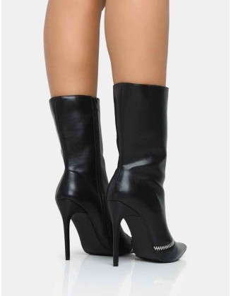 Pitstop Black Pu Zip Detail Pointed Toe Stiletto Heel Ankle Boots