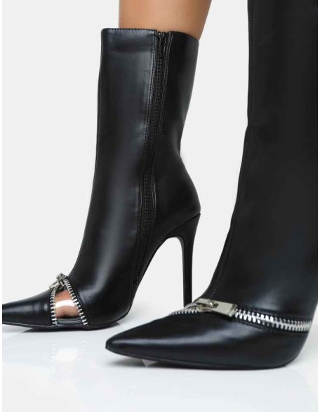 Pitstop Black Pu Zip Detail Pointed Toe Stiletto Heel Ankle Boots