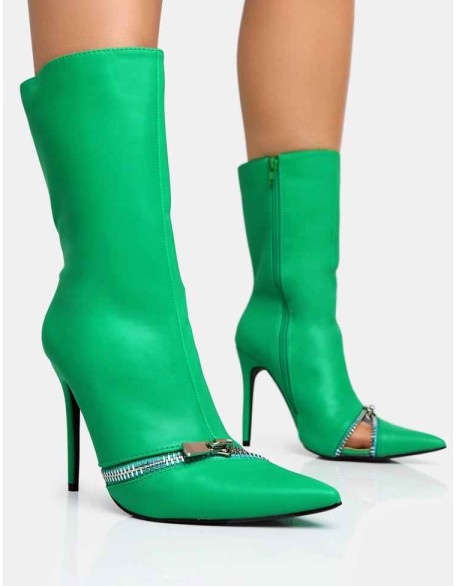 Pitstop Green Pu Zip Detail Pointed Toe Stiletto Heel Ankle Boots