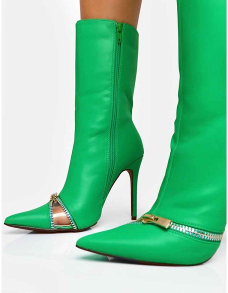 Pitstop Green Pu Zip Detail Pointed Toe Stiletto Heel Ankle Boots