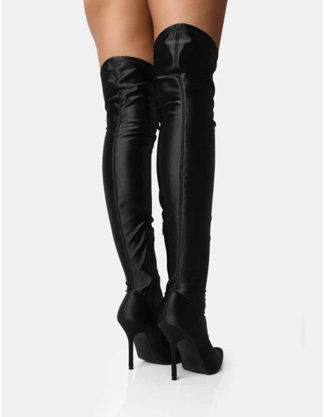 INSTINCT BLACK LYCRA POINTED TOE STILETTO THIGH HIGH BOOTS