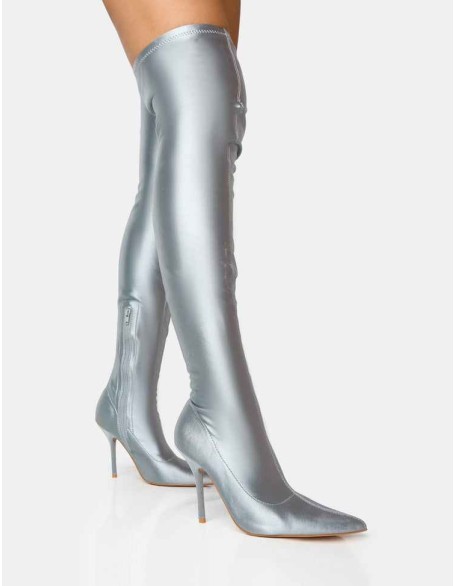 INSTINCT SILVER LYCRA POINTED TOE STILETTO THIGH HIGH BOOTS