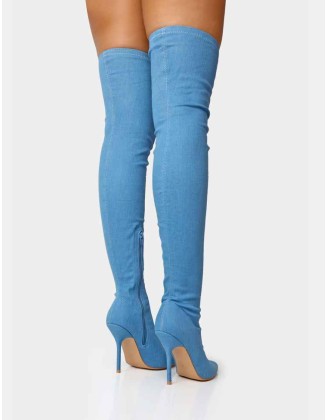 Jodie Blue Denim Seam Detail Pointed Toe Stiletto Thigh High Boots