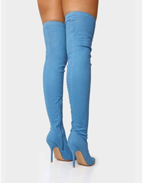 Jodie Blue Denim Seam Detail Pointed Toe Stiletto Thigh High Boots