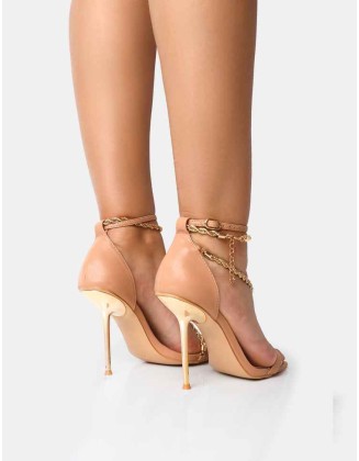 Loyal Nude PU Chain Detail Square Toe Gold Stiletto Heels