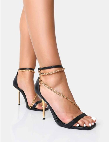 Loyal Black PU Chain Detail Square Toe Gold Stiletto Heels