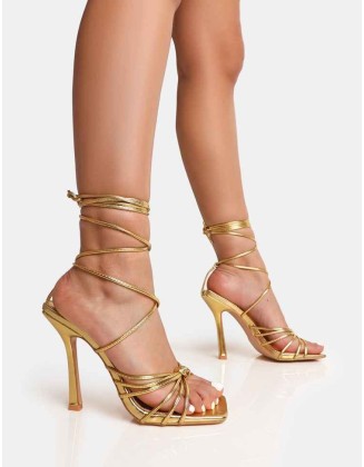 Aspen Gold Knot Strap Lace Up Square Toe Stiletto Heels