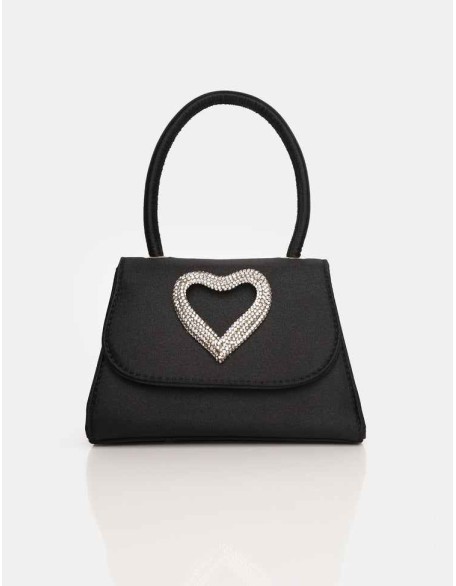 The Heart Black Satin Diamante Heart Mini Bag